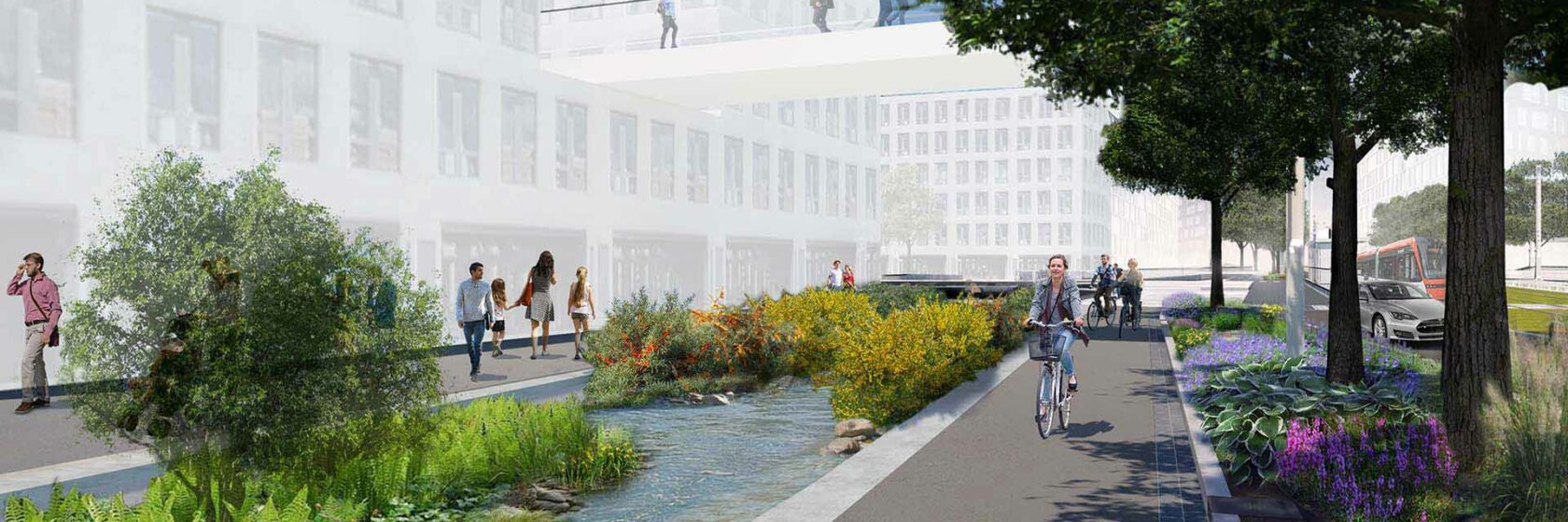 Tekening van fietser in groene omgeving met waterinfiltratie
