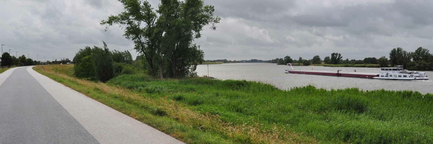 Weg met groenstrook op dijk van Dijk Alblasserwaard