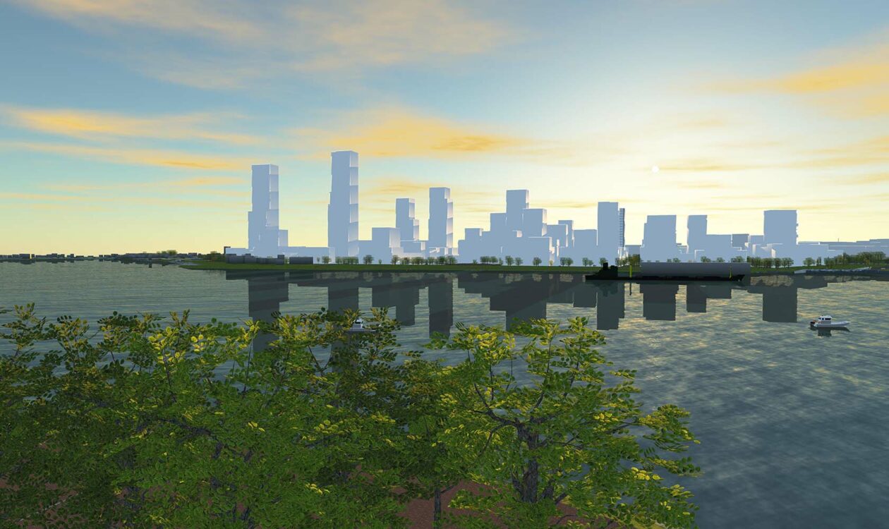 Tekening van gebiedsontwikkeling skyline Zeeburgereiland