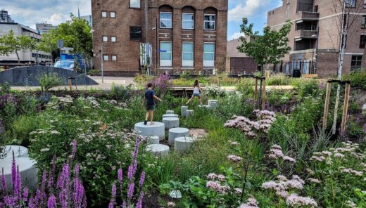 kinderen spelen op stepping stones in groene woonwijk