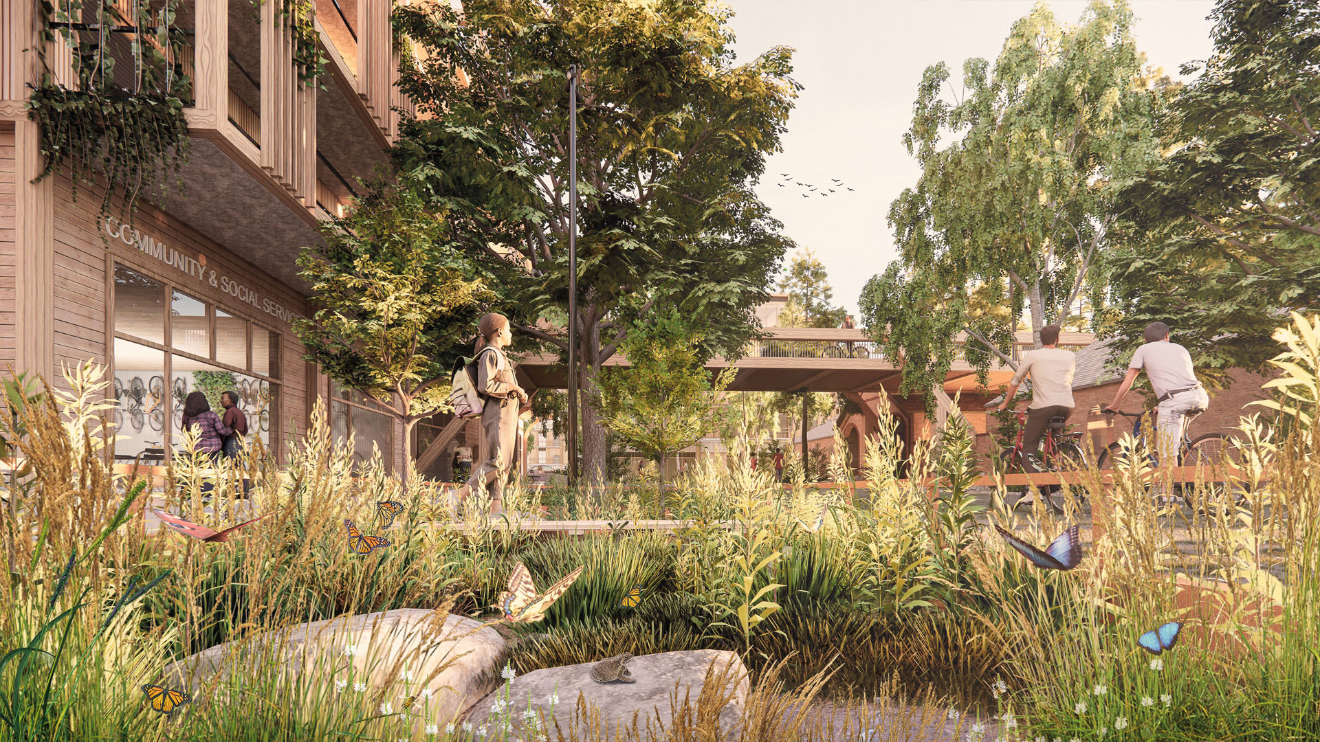 Visualisatie stad met kinderen, volwassenen en veel groen