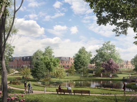 visualisatie van een park met twee mensen op een bankje en woonwijk op de achtergrond