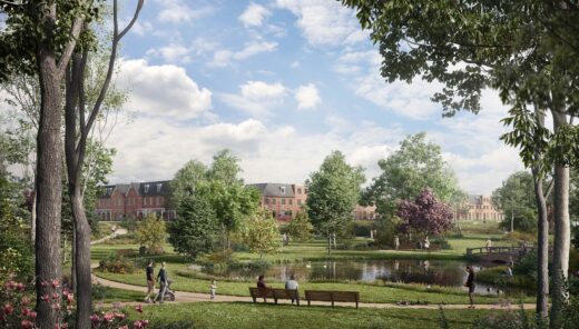 visualisatie van een park met twee mensen op een bankje en woonwijk op de achtergrond