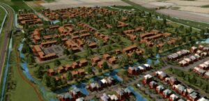 visualisatie van woonwijk met verschillende soorten huizen en groen. 