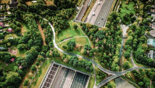 snelweg met auto's met daarover een breed viaduct met een groen park erop