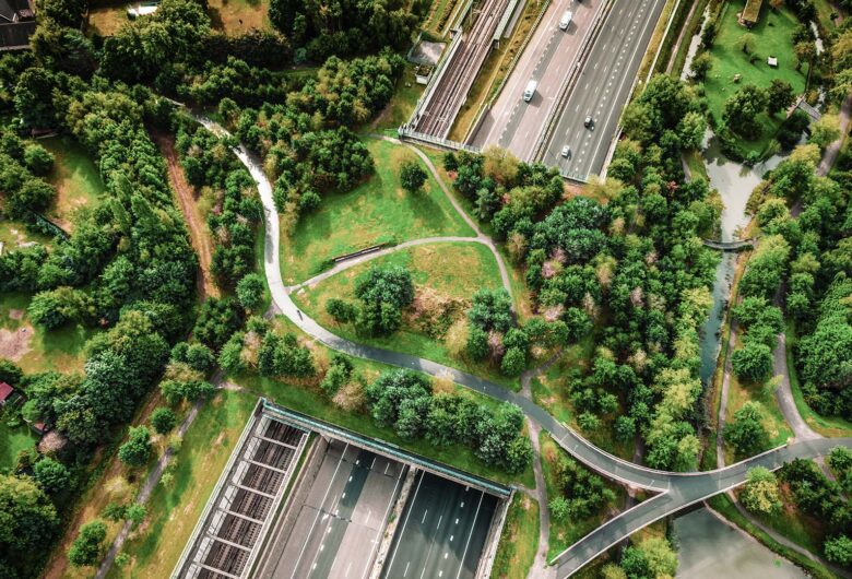 snelweg met auto's met daarover een breed viaduct met een groen park erop