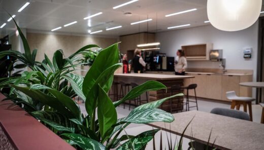 Pantry op kantoor met mensen en groene planten op voorgrond