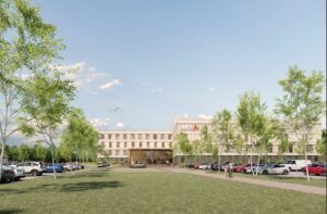 Entree ziekenhuis Adrz in Goes met grasveld en bomen. 