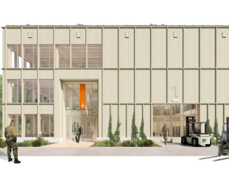 Visualisatie gebouw Bernhardkazerne met militairen en heftrucks