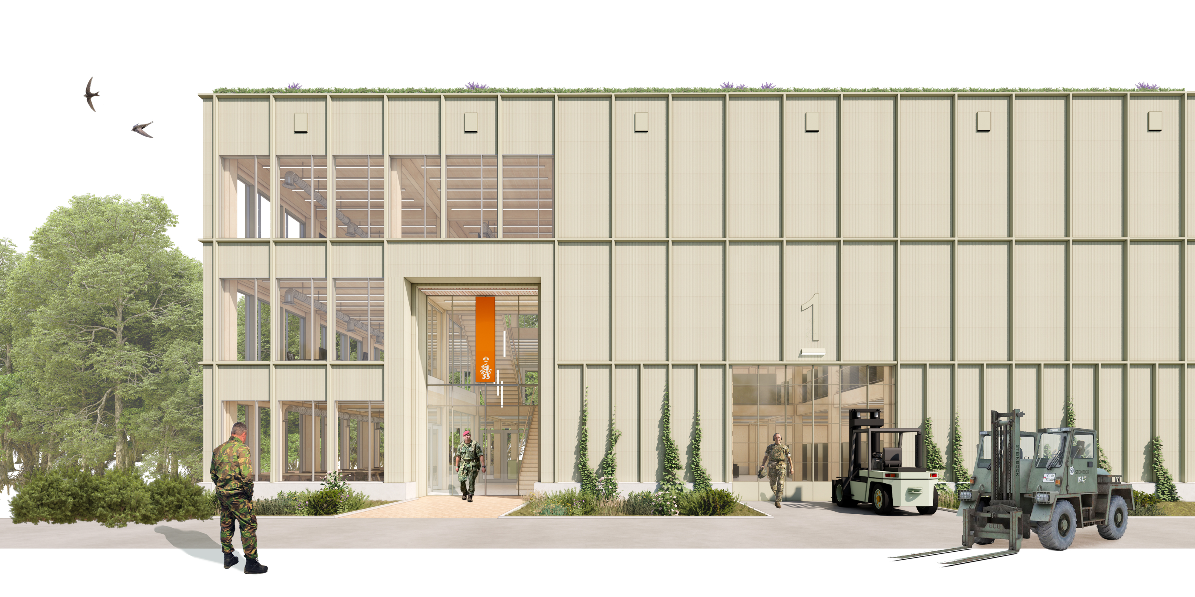 Visualisatie gebouw Bernhardkazerne met militairen en heftrucks