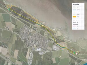 Luchtfoto Krabbendijke met gekleurde lijnen kabeltrace