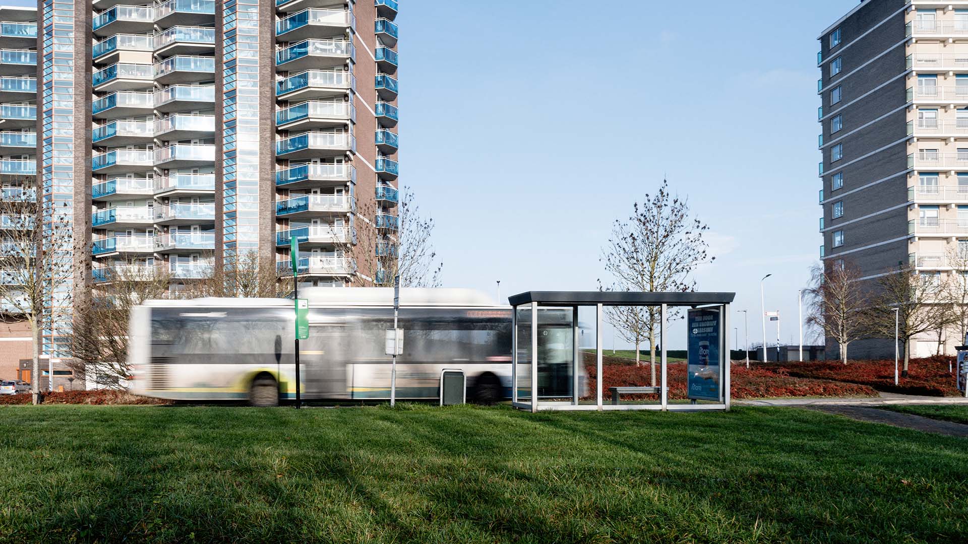 Bus bij bushalte met bushokje langs grasveld met hoge gebouwen op achtergrond