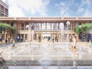 Visualisatie buitenkant Zwembad Noord Haarlme met waterplein en kinderen