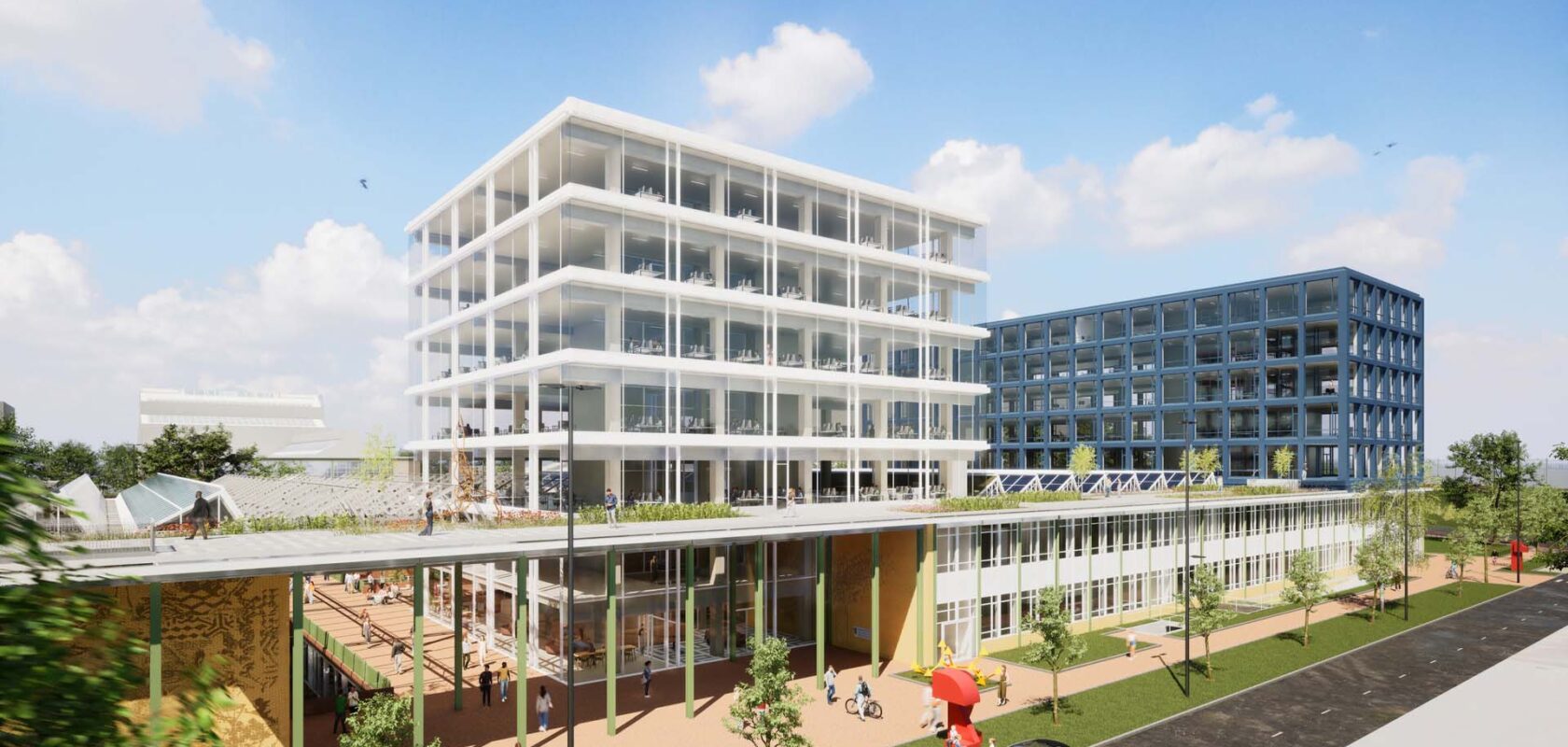 Visualisatie wit kantoorgebouw van 7 verdiepingen