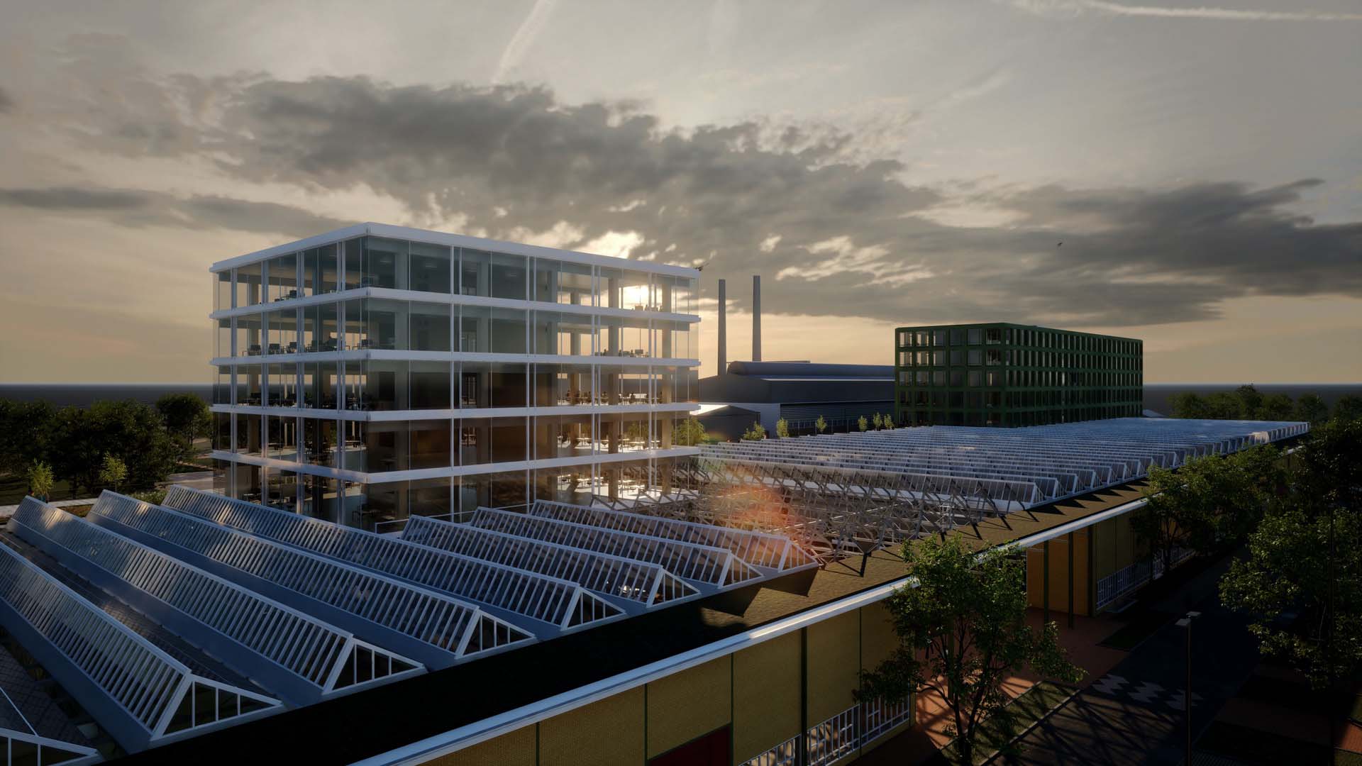 Meerlaags kantoorgebouw wit en glazen gevel met bedrijfshallen met zonnepanelen op dak.