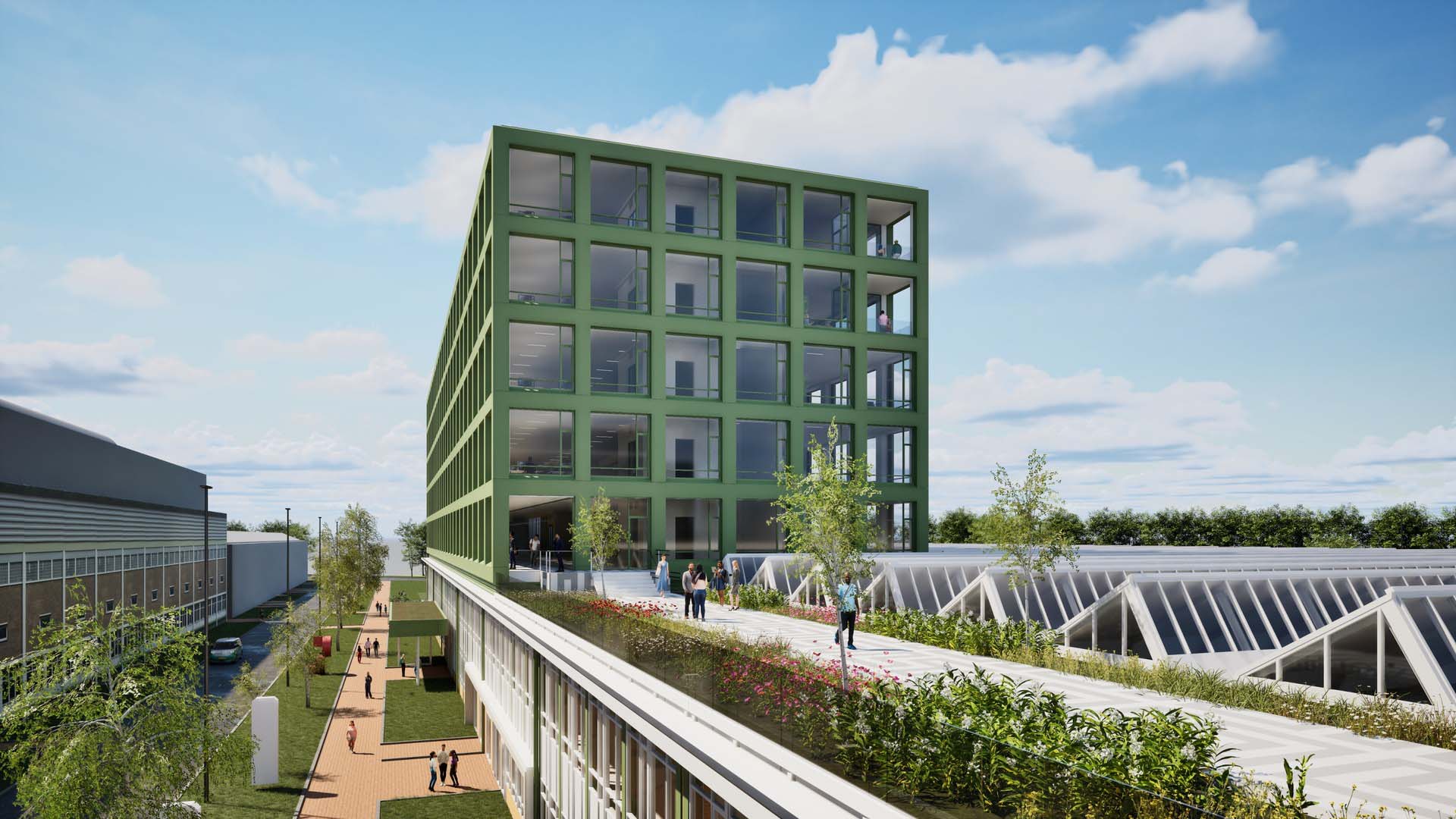 Visualisatie meerlaags kantoorgebouw met groene gevel met daarnaast een promenade
