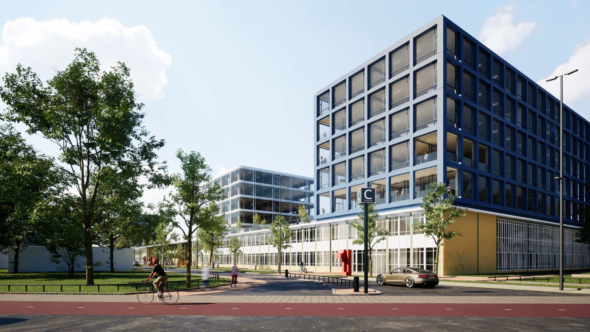 Visualisatie kantoor gebouw meerlaags met promenade en bomen aan de linkerkant