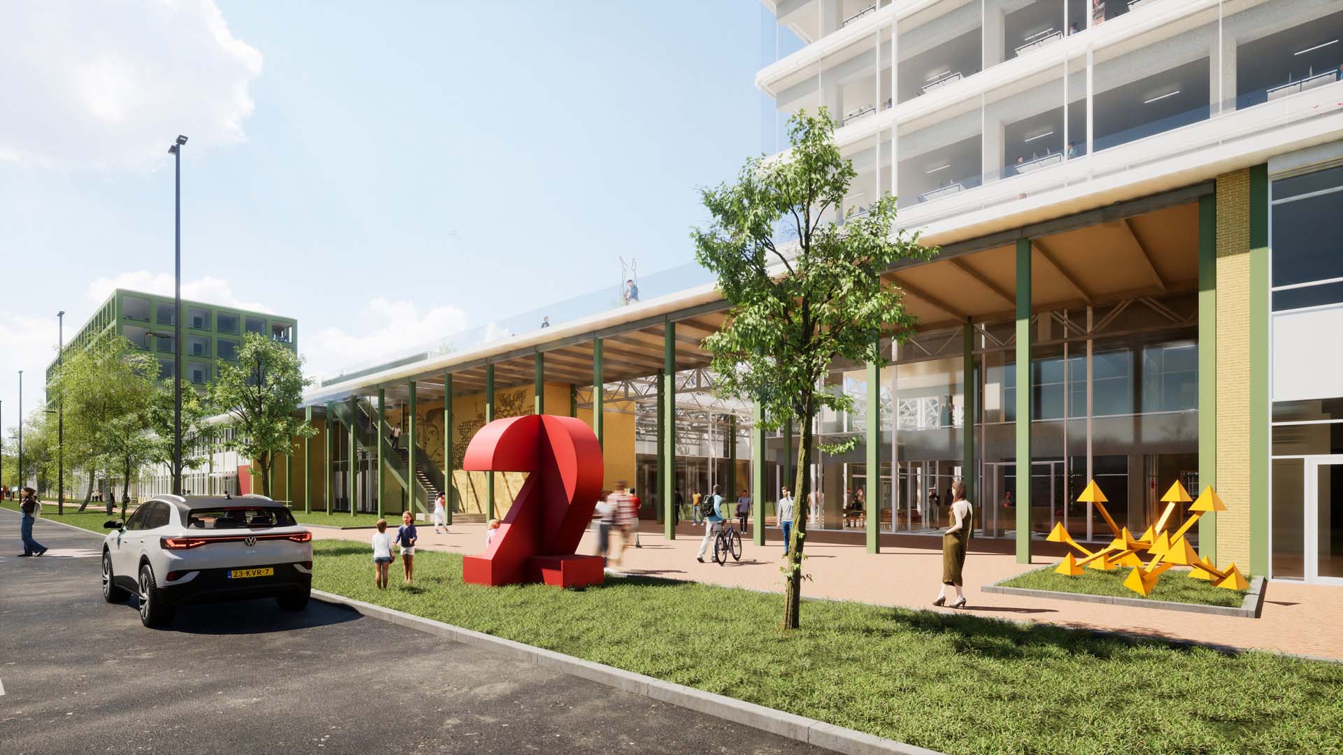 detail visualisatie plint van kantoorgebouw met geparkeerde auto op voorgrond.