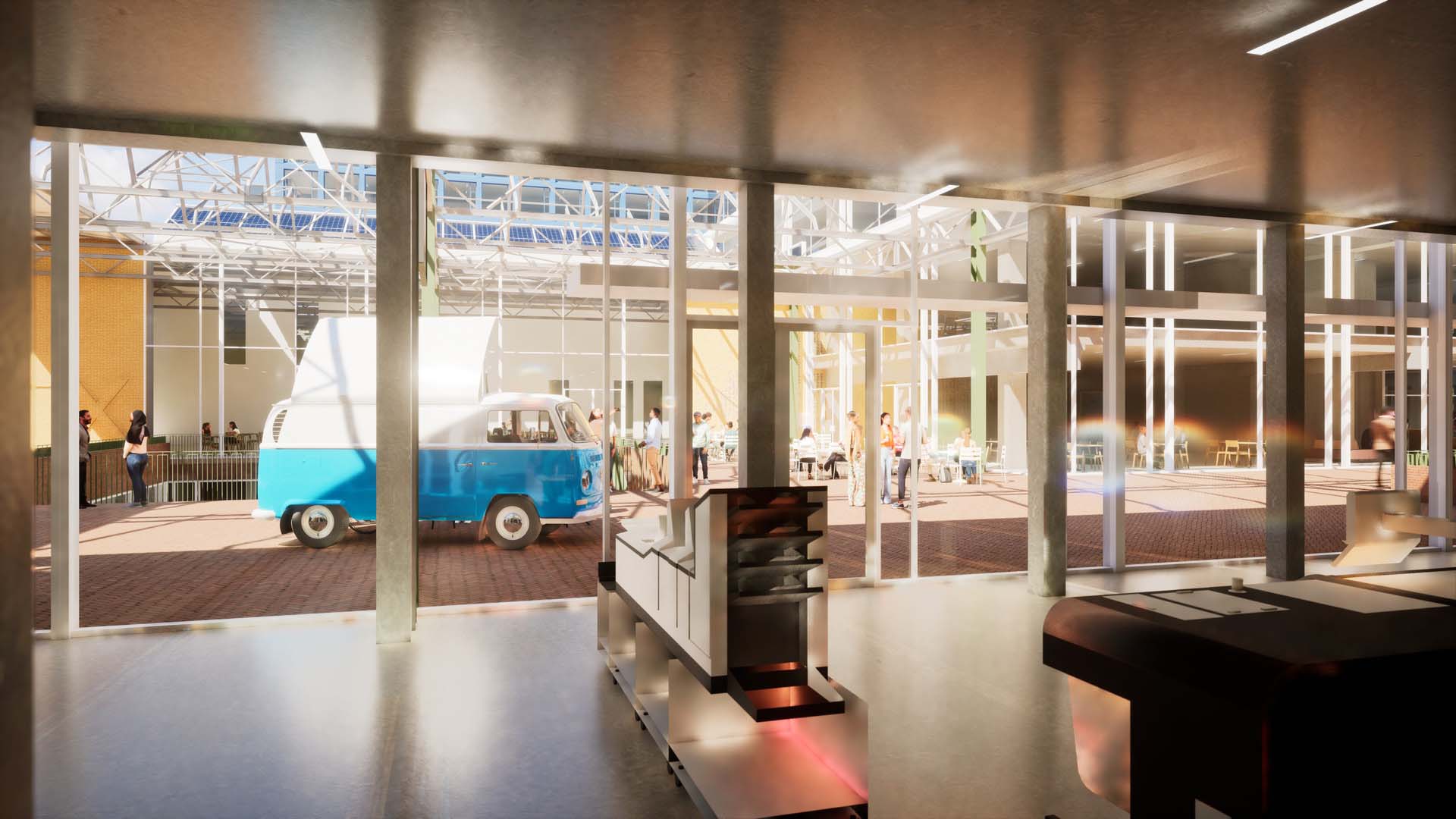 Visualisatie binnenplein in kantoorgebouw met blauw volkswagenbusje
