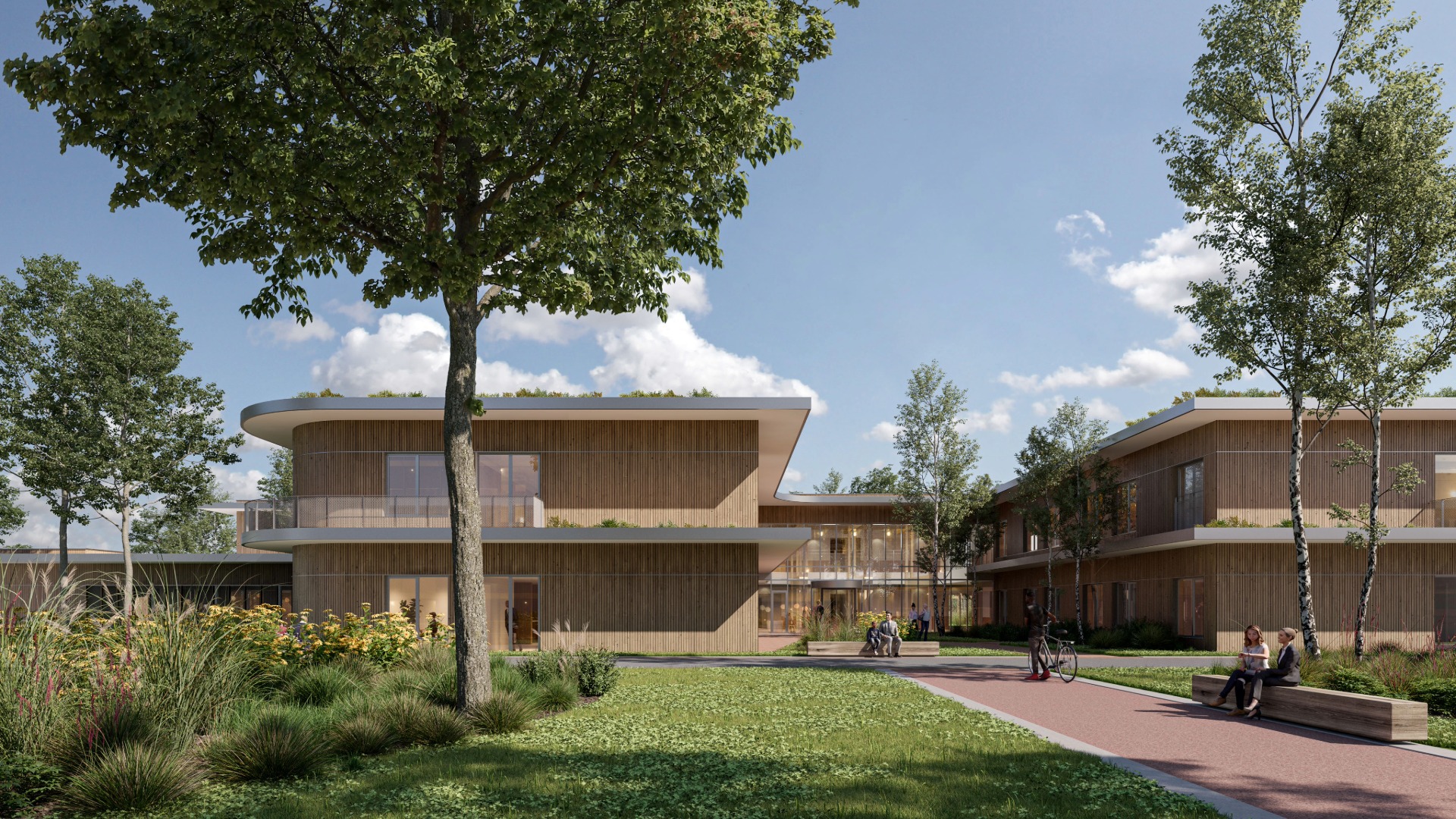 Tweelaags licht gebouw in bosrijke omgeving